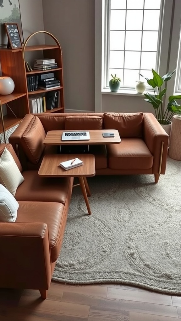 Cozy couch with integrated desk function in a home office setting