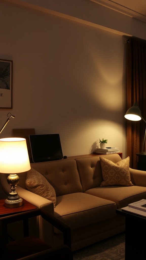 Cozy home office with a couch and floor lamps, creating a warm workspace ambiance.