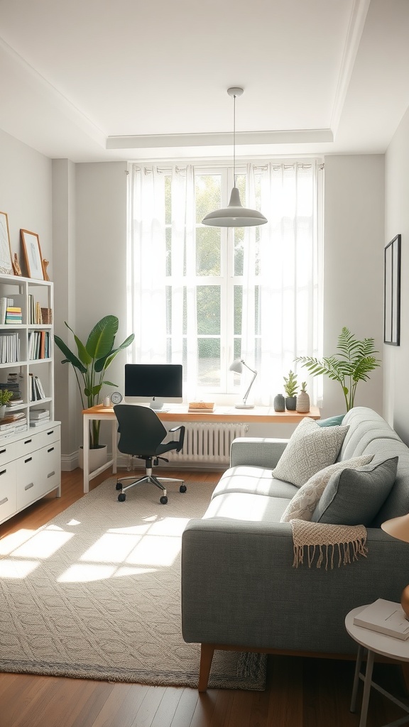 Cozy home office featuring a gray couch, large windows with natural light, and stylish decor.