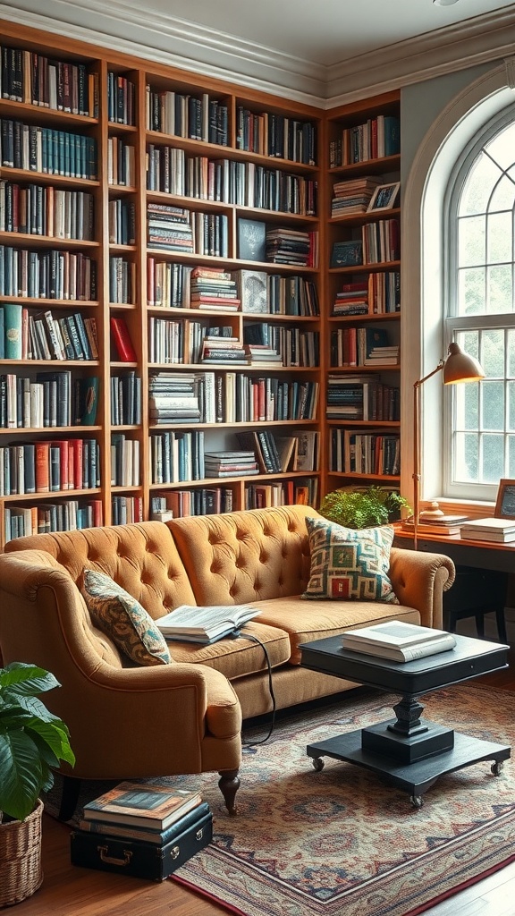 Cozy home office setup featuring a couch and personal library