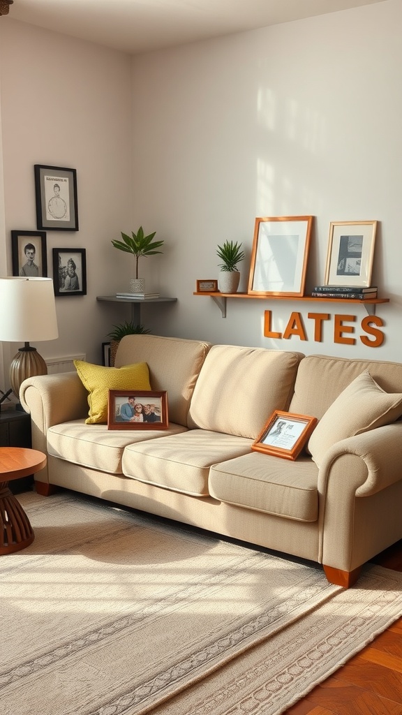 Cozy home office setup featuring a beige couch with personal touches, including framed photos and decorative pillows, along with a lamp and shelf.