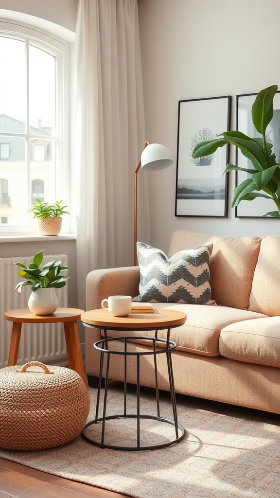Cozy home office setup featuring a couch, side table with a cup, and plants.