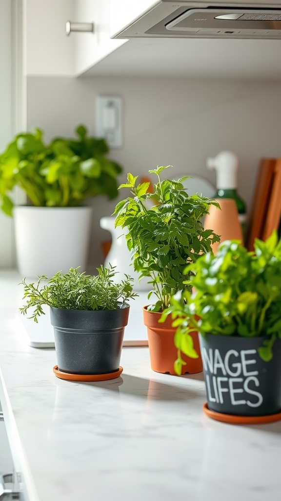 Countertop herb garden with potted herbs on a kitchen counter