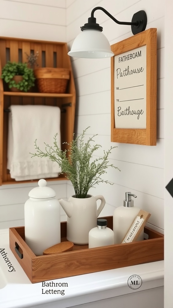 A cozy farmhouse bathroom setup with wooden tray, white containers, and greenery.