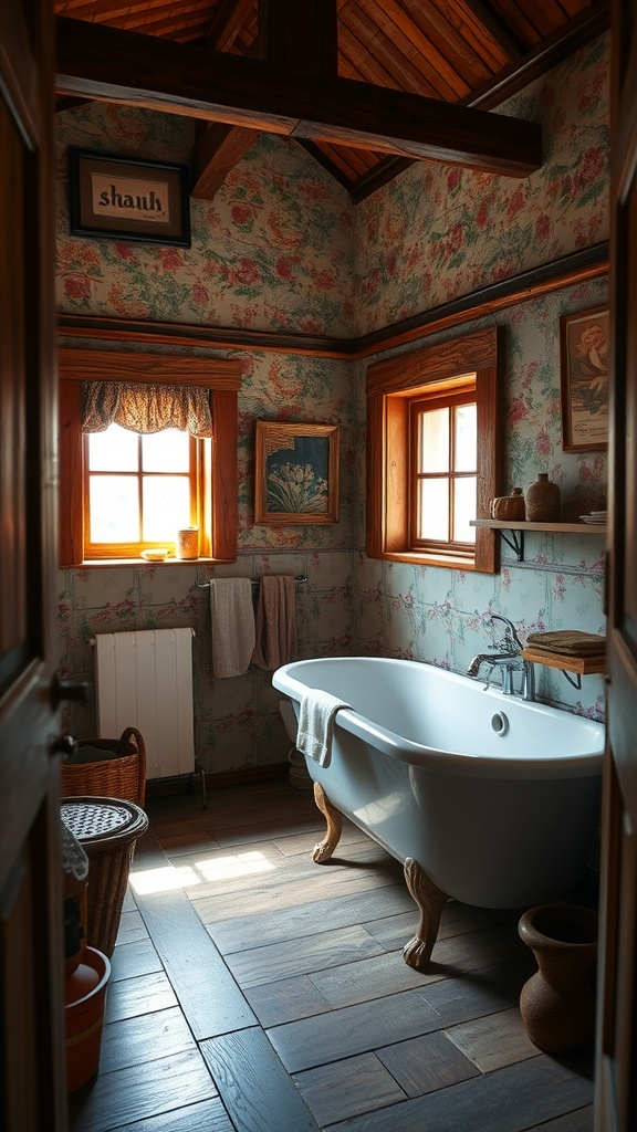 A cozy country cottage bathroom featuring a freestanding bathtub, floral wallpaper, wooden beams, and warm natural light.