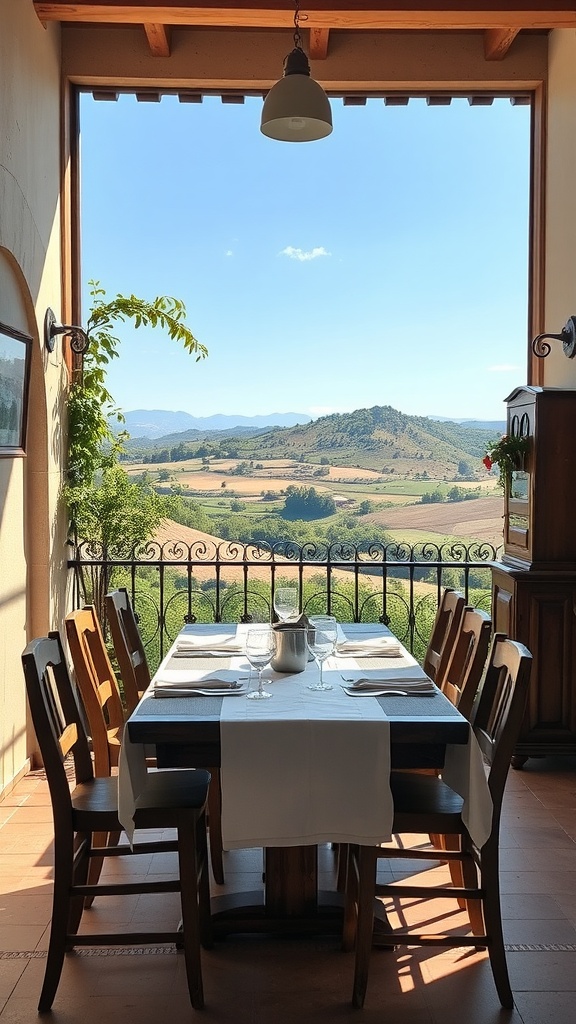 Dining room with a view of rolling hills and greenery in Umbria