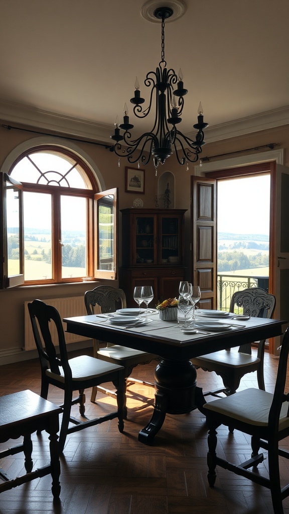 Elegant dining room in a countryside setting with large windows and a chandelier.