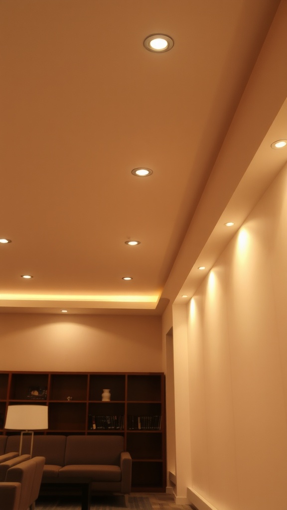 Interior view showcasing cove lighting along the ceiling and recessed lights in a cozy setting.