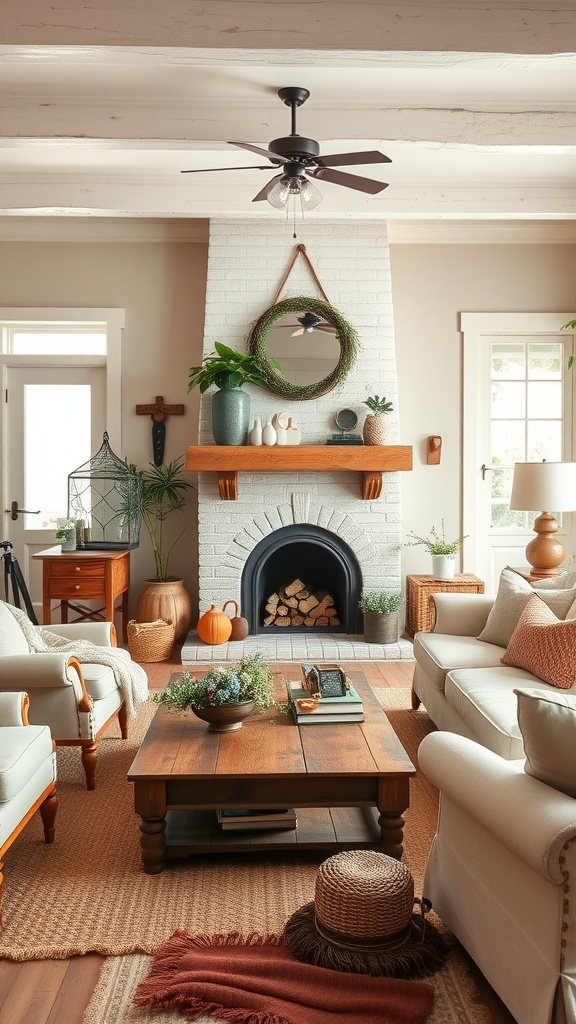 Cozy farmhouse living room with a fireplace, comfortable seating, and rustic decor.