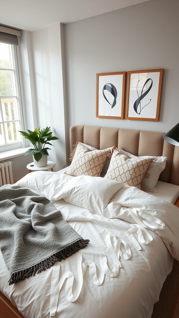 Cozy bedding with patterned pillows and a knitted throw in a stylish guest room