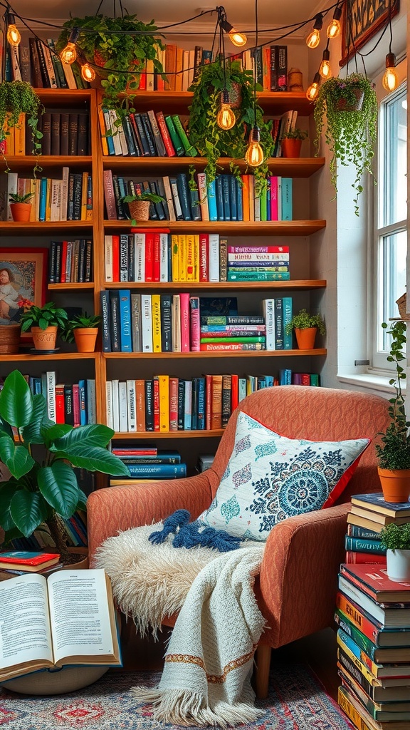 Cozy boho reading nook with bookshelves, plants, and comfortable chair.