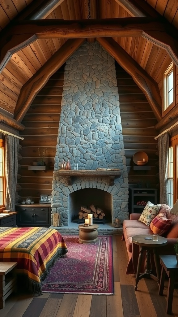 A cozy cabin bedroom featuring a stone fireplace, wooden beams, and a warm plaid blanket on the bed.