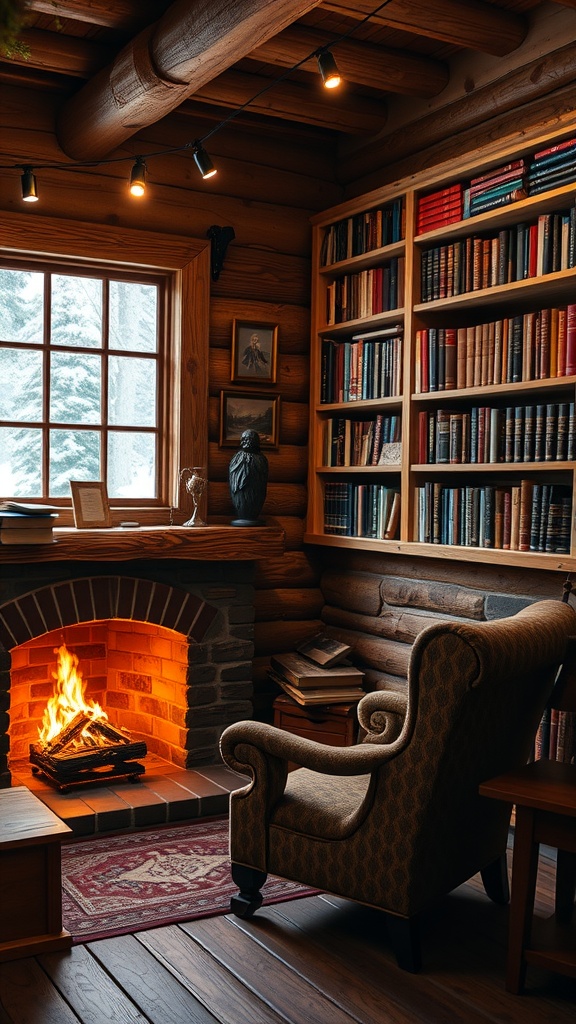 A cozy cabin library with a fireplace, a comfortable armchair, and a bookshelf filled with books.
