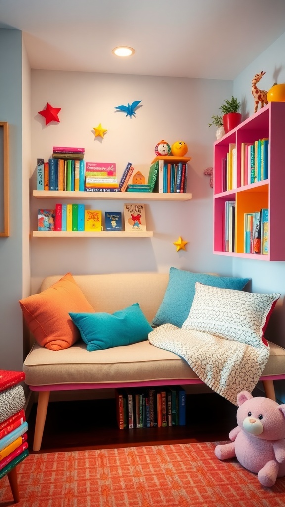 A cozy reading nook featuring a couch with colorful cushions, shelves filled with books, and cheerful decorations.