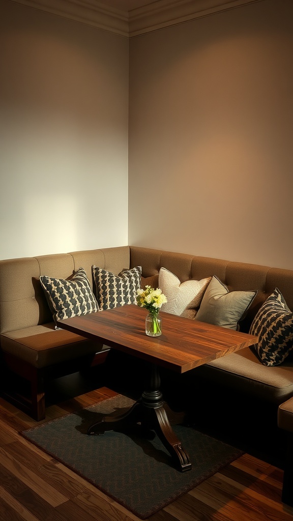 Cozy kitchen nook with corner banquette seating and a wooden table.