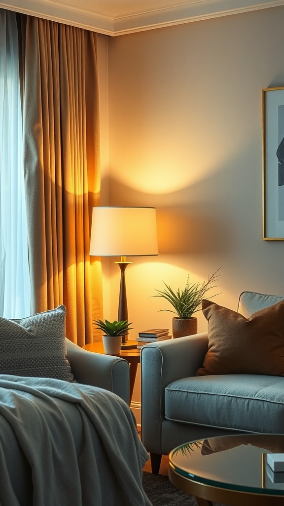 A cozy living room corner featuring a warm lamp, plush sofa, and decorative plants.