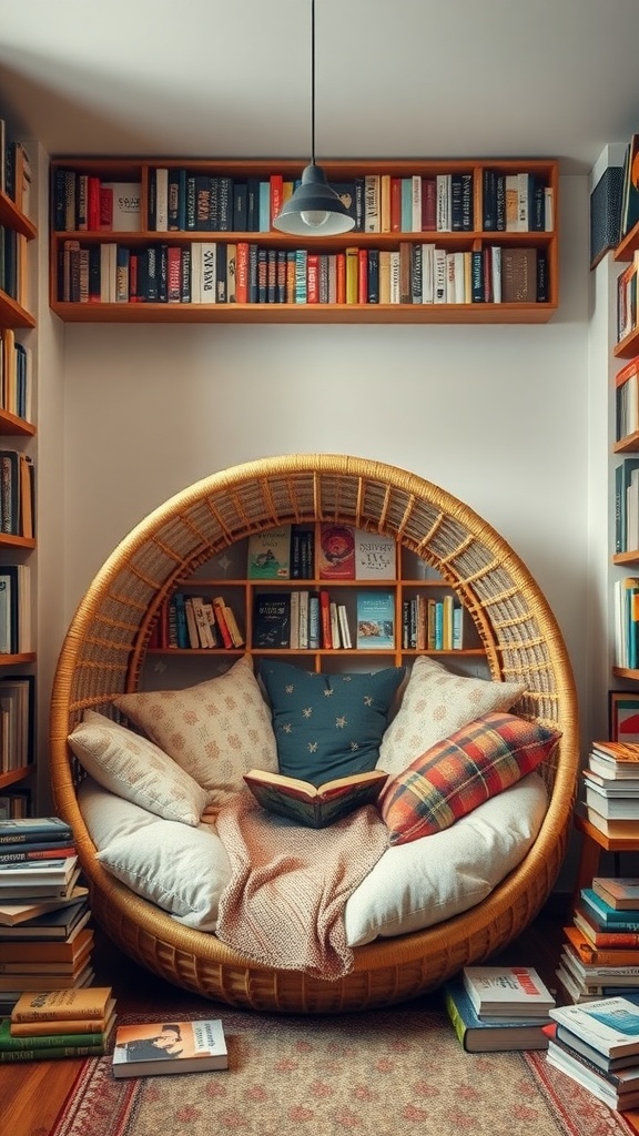 Cozy reading pod surrounded by bookshelves and scattered books.