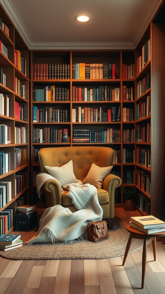 A cozy reading nook featuring an oversized yellow chair, a warm throw blanket, and a backdrop of bookshelves filled with colorful books.