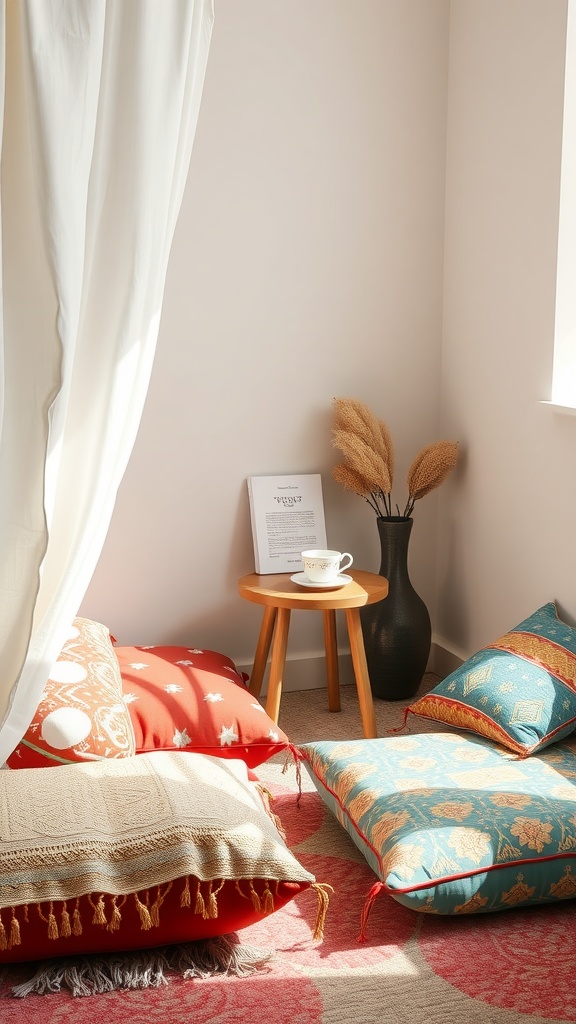 A cozy reading nook with colorful floor cushions, a small table holding a cup and a vase, illuminated by natural light.