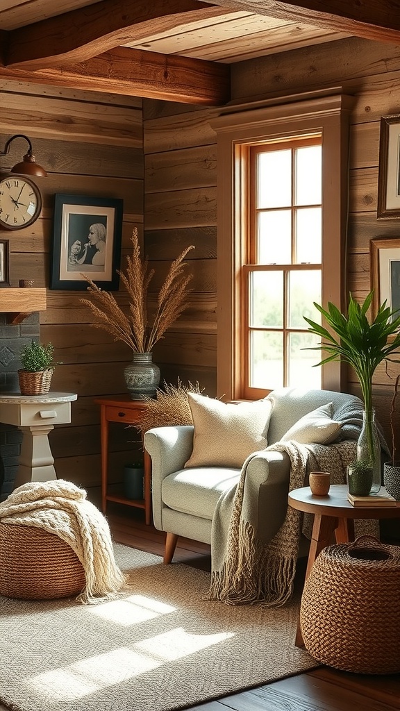 Cozy farmhouse living room corner with a blue armchair, plants, and natural light.