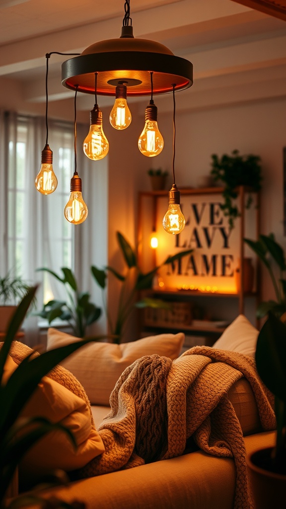 Cozy living room with Edison bulbs hanging from a ceiling fixture, featuring a couch with a knitted blanket and indoor plants.