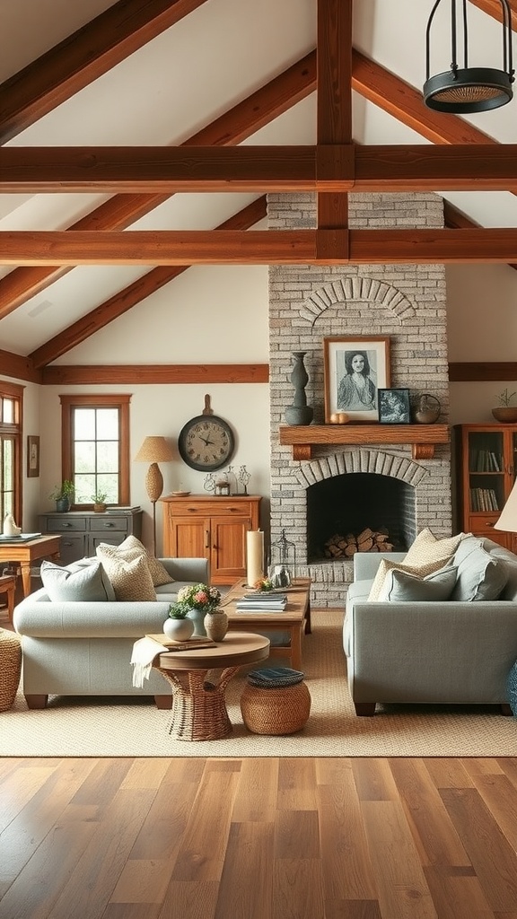 Cozy farmhouse living room featuring wooden beams, soft sofas, and a stone fireplace