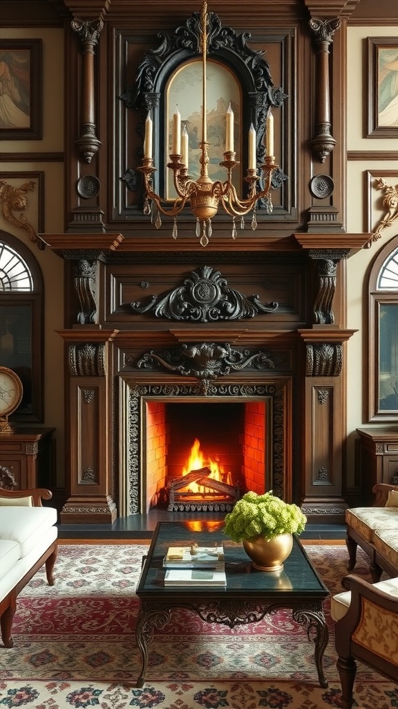 An ornate fireplace with intricate woodwork and a portrait above it, set in an opulent living room.