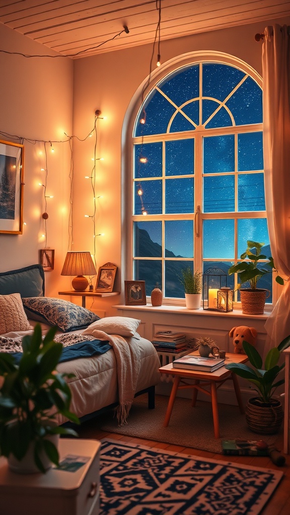 Cozy bedroom with fairy lights, a starry window view, and plants.