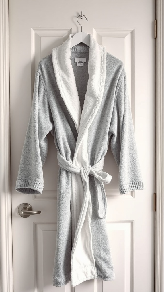 Gray and white bathrobe hanging on a door