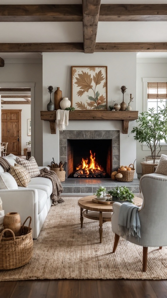 A rustic farmhouse living room featuring a cozy stone fireplace, comfortable seating, and warm decor.