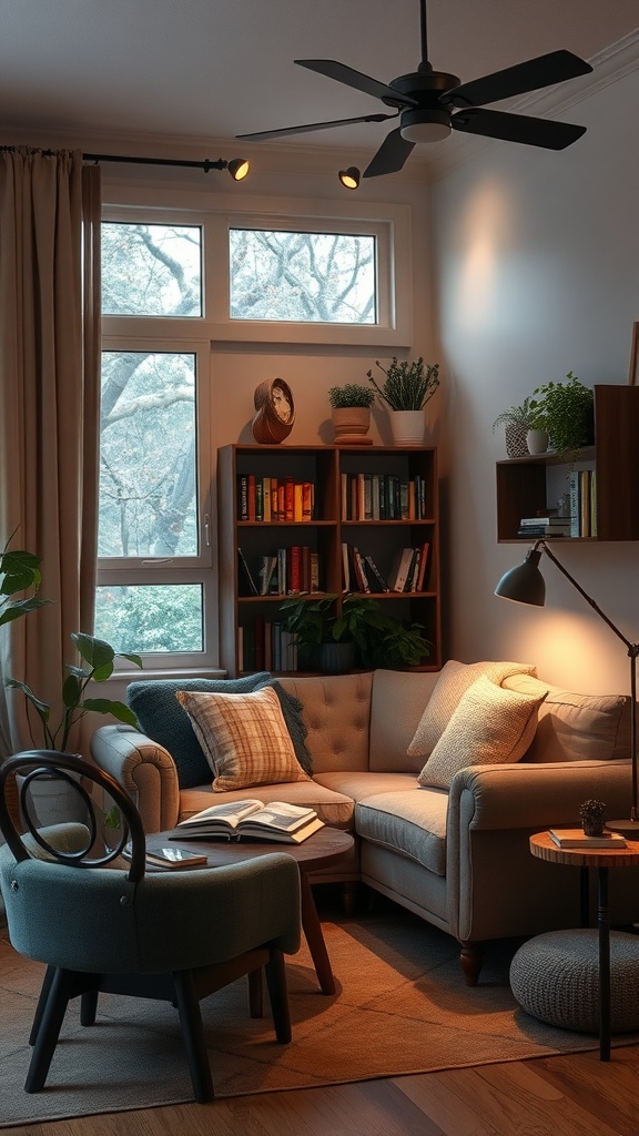 A cozy living room nook with a couch, bookshelves, and warm lighting.