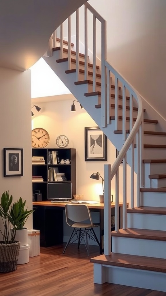 Cozy home office setup under a staircase with a desk, chair, bookshelves, and plants