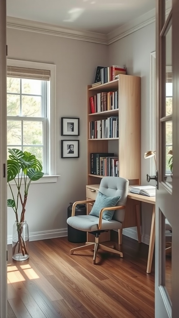 Cozy home office nook with a chair, bookshelf, and plant