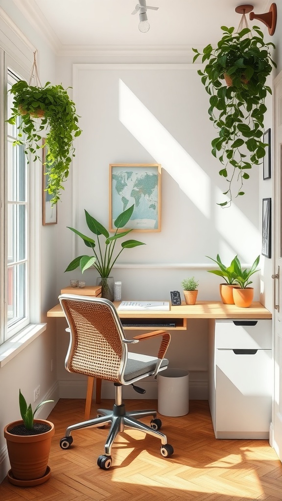 Bright small office nook with desk, chair, and hanging plants