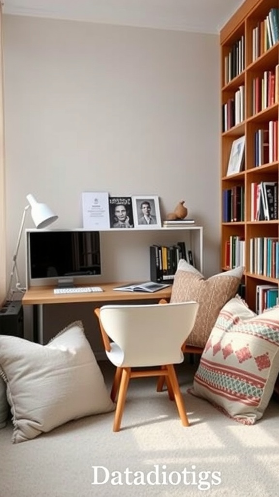 A cozy workspace featuring throw pillows, a chair, a desk with a computer, and a bookshelf filled with books.