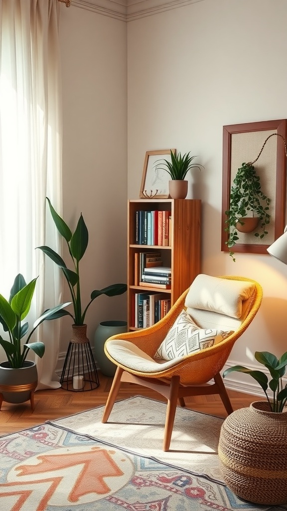 Cozy reading nook in a boho home office with a yellow chair, plants, and a bookshelf