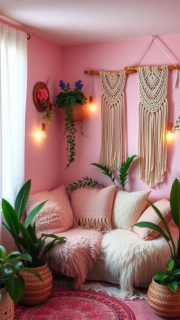 Cozy pink boho nook with a soft pink chair, plants, and decorative elements