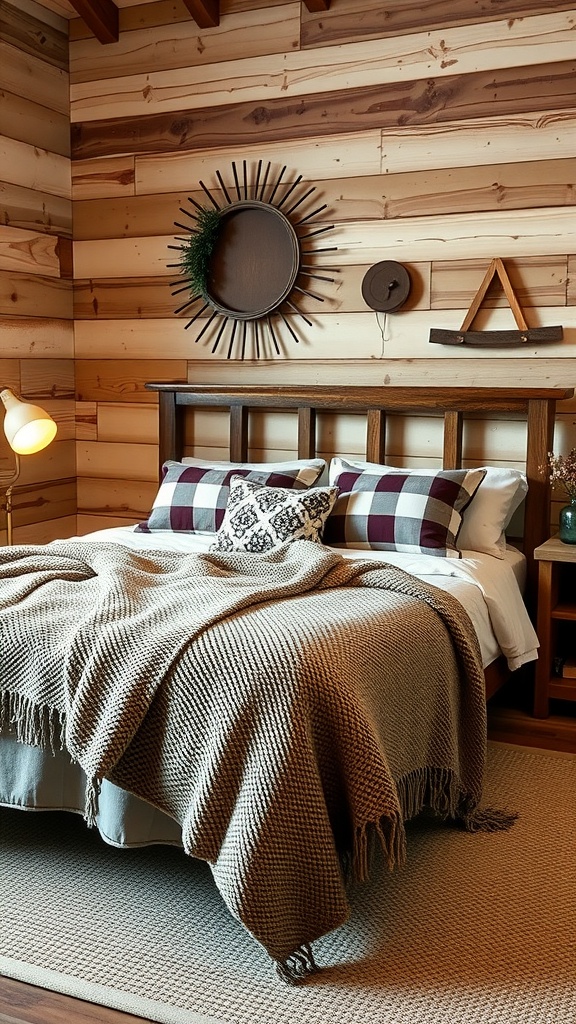 A cozy rustic bedroom featuring plaid bedding and warm wooden accents