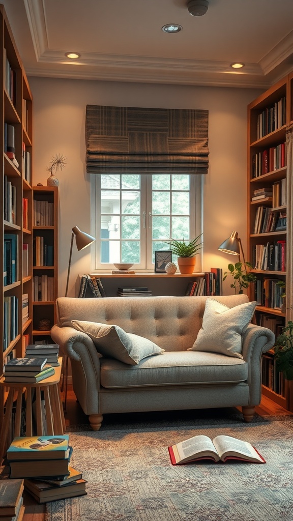 A cozy reading nook featuring a couch, bookshelves, and natural light.