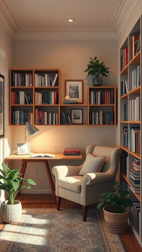 A cozy reading nook featuring a comfortable armchair, a small desk with a lamp, and bookshelves filled with books surrounded by plants.