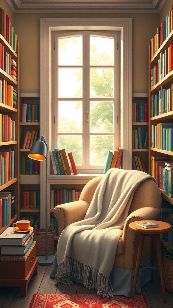 Cozy reading nook with a comfy chair, blanket, and bookshelves filled with colorful books