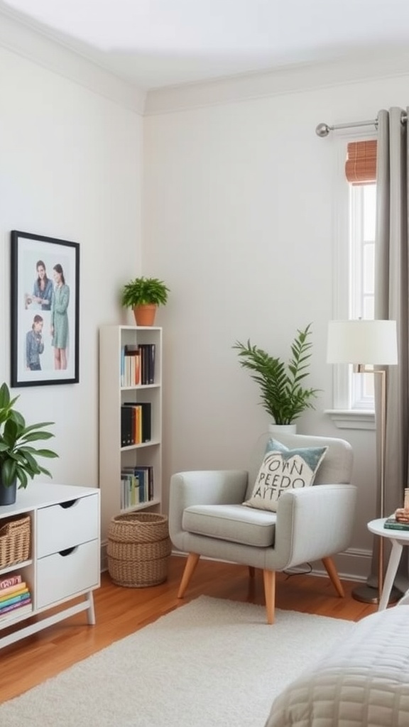 Cozy reading nook featuring a soft armchair, side table, and bookshelves with plants
