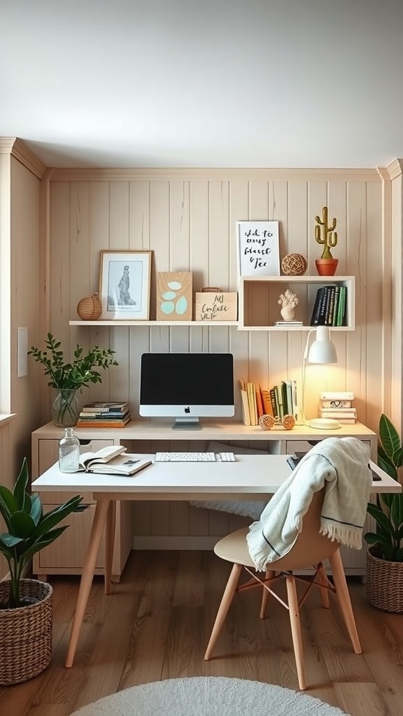 A cozy Scandinavian home office with light wood paneling, a white desk, computer, books, and plants.