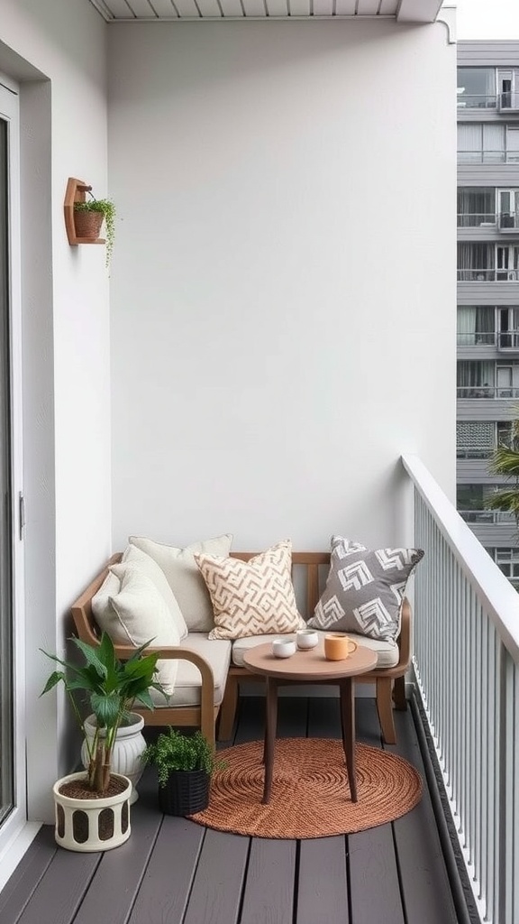 A cozy small balcony seating nook with a wooden sofa, cushions, a round table, and potted plants.