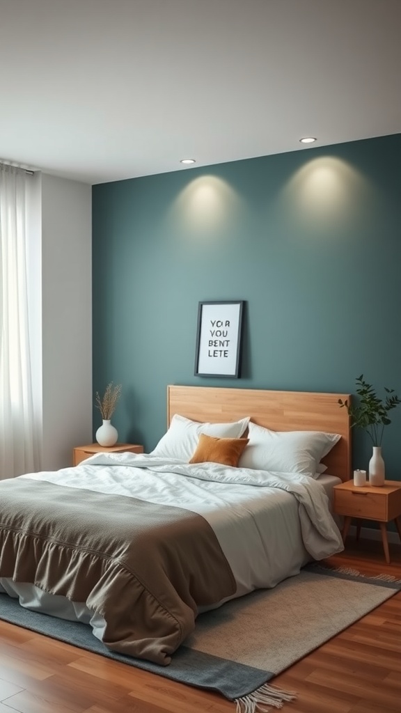 A cozy bedroom featuring a teal accent wall, light wood furniture, and soft bedding.