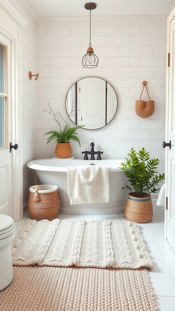 A cozy farmhouse bathroom with textured rugs, woven baskets, and plants.