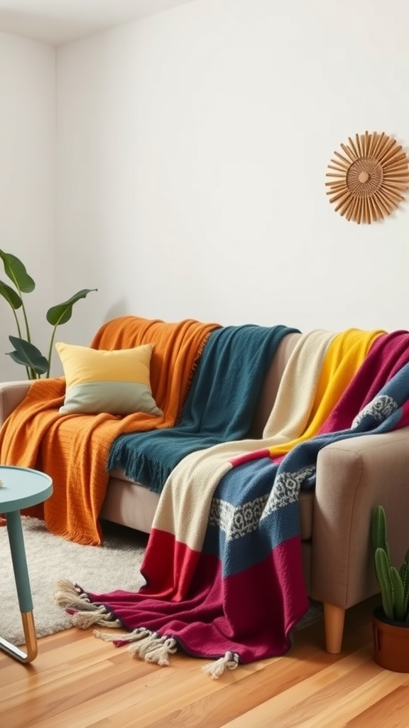 A cozy living room with colorful throw blankets draped over a couch, showcasing a warm and inviting atmosphere.