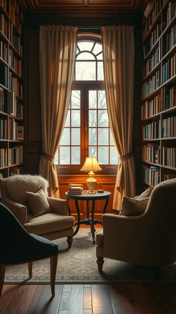 A cozy library nook with two armchairs, a small table, and bookshelves filled with books, illuminated by a warm lamp near a window.