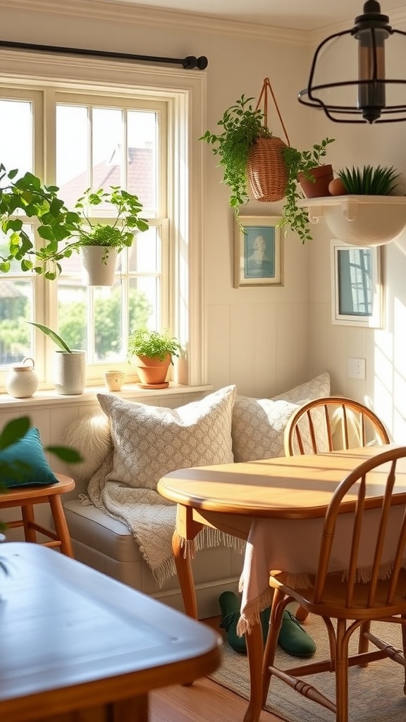 Cozy dining room window nook with plants, cushions, and a wooden table