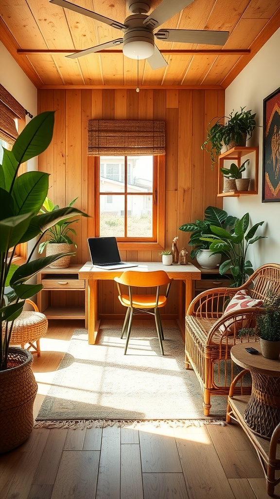 A cozy home office nook featuring wood paneling, rattan furniture, and plants, creating a nature-inspired workspace.